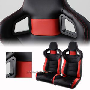 1x pair black / red pvc leather sport style reclinable racing seats universal b