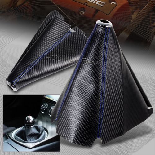 Jdm carbon style blue stitch leather gear manual shifter shift boot universal 3