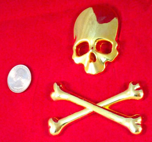 3d gold tone skull cross bones logo emblem sticker decal real heavy gauge metal