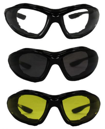 3 birdz thrasher padded motorcycle riding sunglasses 1 clear 1 smoke 1 yellow