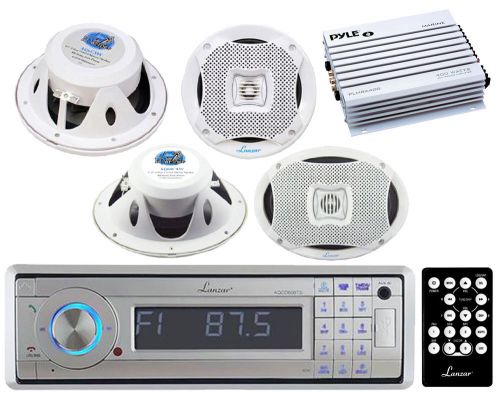 Marine 6x9&#034; &amp; 6.5&#034; white speakers, bluetooth usb cd aux receiver, 400w amplifier