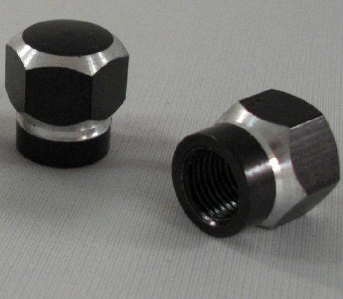 2 black billet aluminum "hex acorn" valve stem caps for motorcycle, chopper rims