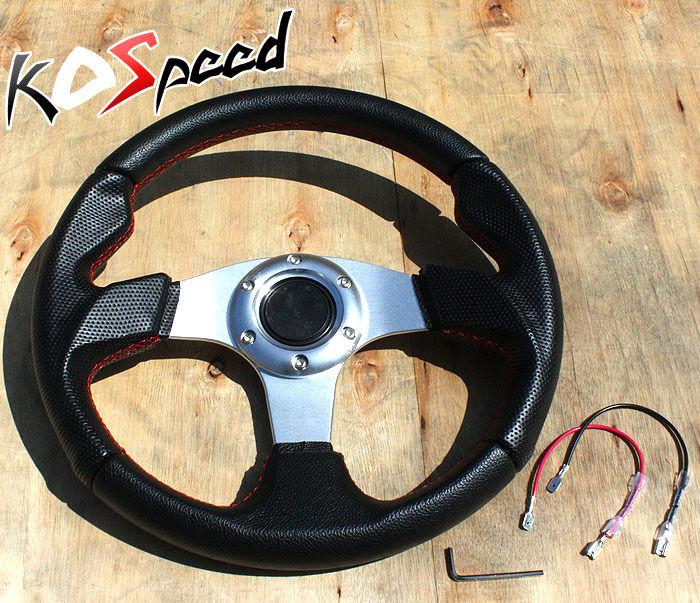 Universal silver/red stitch pvc leather 320mm 6-hole-bolt racing steering wheel