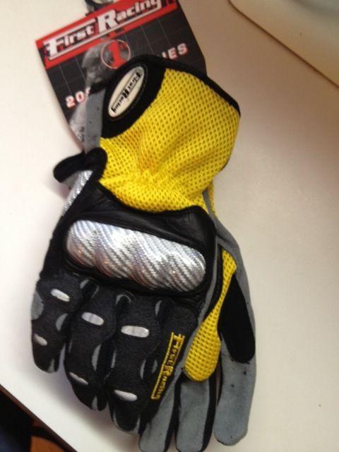 First racing yellow motorcycle gloves-kevlar knuckles, dual sport, nwt leather
