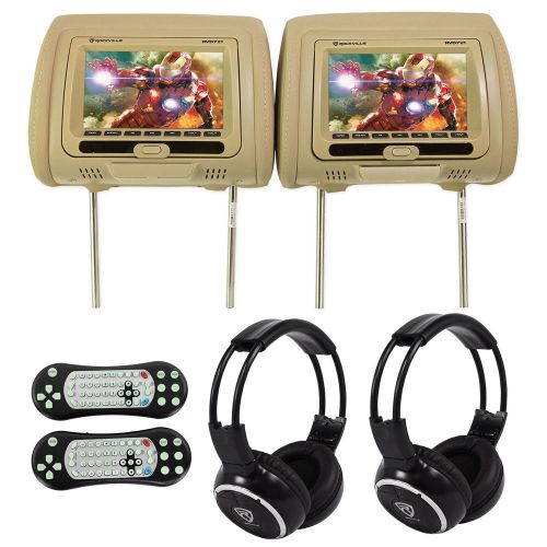 Rockville rvd721-bg 7” beige dual dvd/usb/hdmi car headrest monitors+headphones