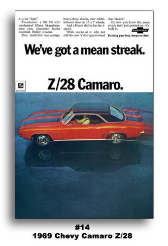 24x36 1969 chevrolet camaro z/28 ad poster we&#039;ve got a mean streak gm chevy 302