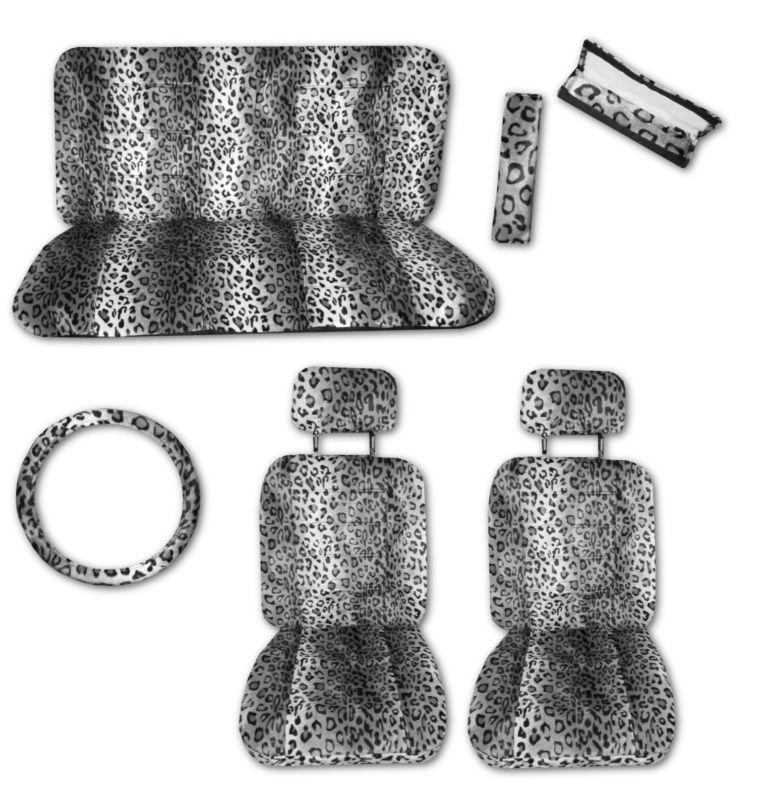 Grey black leopard quilted velour car truck seat covers set with extras #e