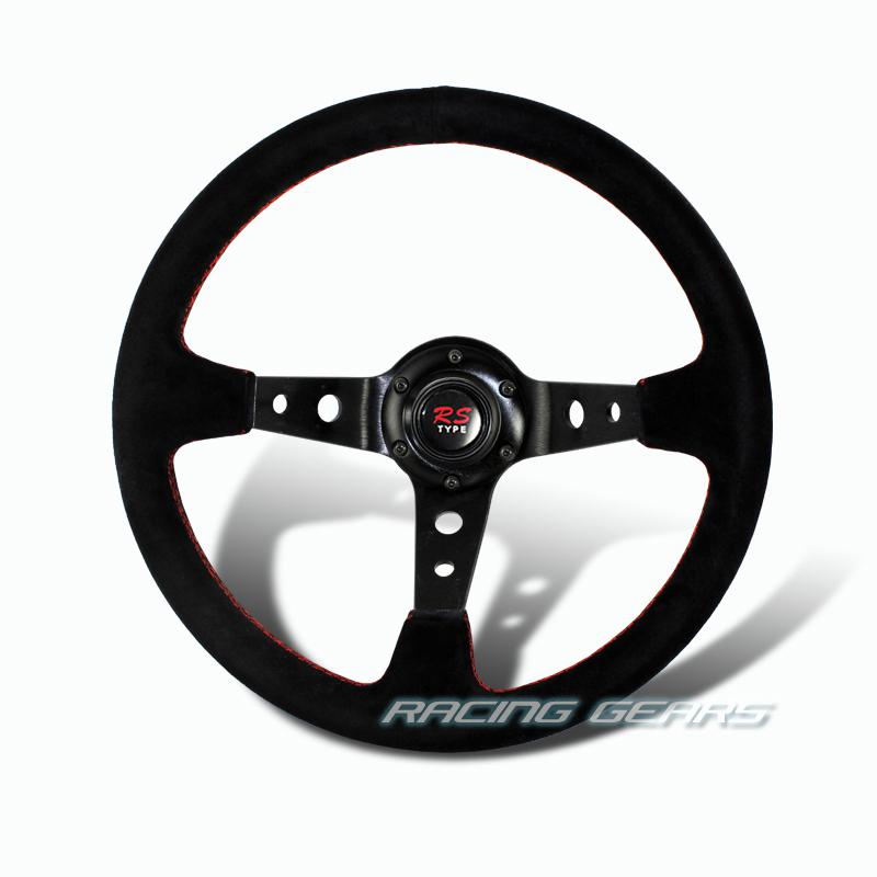 Universal 350mm 6 bolt red stitches black suede leather deep dish steering wheel