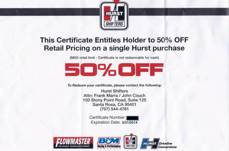Hurst shifter products 50% discount coupon