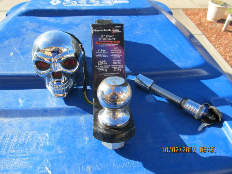 Skull head hitch insert (lights)&2" ball&mount w/ 4" drop&ml trailer mount lock