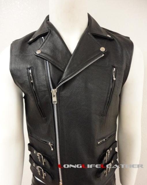 4xl size mens leather motorcycle biker vest zipper pockets buckle belts new
