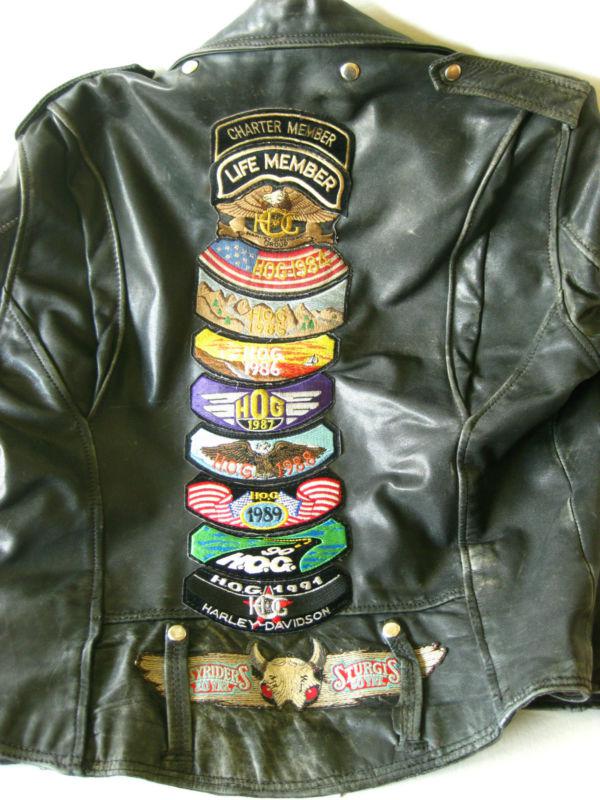 Harley davidson leather motorcycle riding jacket 15 patches 1 pin men's large