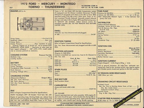 1973 ford mercury montego/torino/thunderbird 429 car sun electronic spec sheet