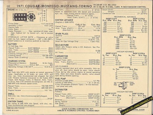 1971 ford 351 c 240 cougar/montego/mustang/torino car sun electronic spec sheet