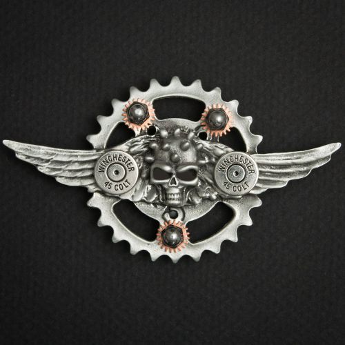 Winged skull pewter concho biker pin with .45 caliber shells and screw on post