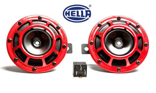 Hella red grill 12v dc sharp dual tone horn set &amp; relay for all vehicles (ca)