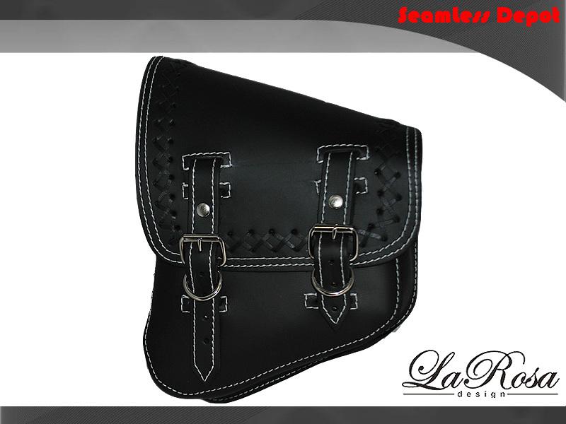 Larosa black leather white stitch cross lace harley softail rigid left saddlebag