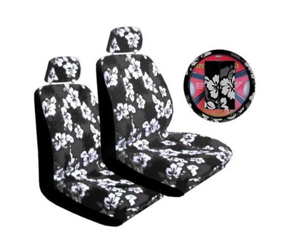 7pc black hawaiian print lowback bucket covers,steering wheel cover,belt pads