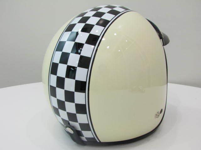 Vintage scooter motor ivory black checker racing stripes open face helmet new