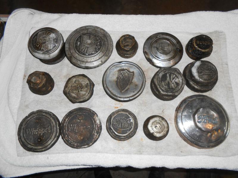 Lot of 15 vintage hub cap nuts: oakland, nash, whippet, ford, willys, oldsmobile