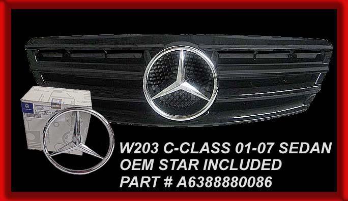 01-07 w203 c-class all black grille w/chrome star c230 c240 c320 c350 2 bars  