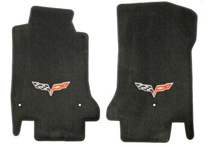 2008-13.5 c6 corvette ebony floor mats w/ flag emblem - driver & passenger set