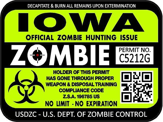 Iowa zombie hunting license permit 3"x4" decal sticker outbreak 1225