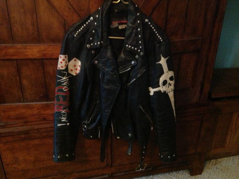 Leather motorcycle jacket brooks vtg. classic jackyl customized, red neck punk