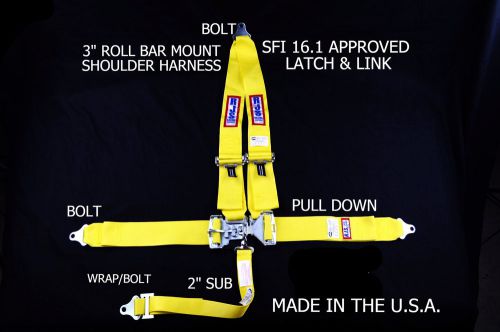 Rjs sfi 16.1 latch &amp; link bolt in harness belt v roll bar mount yellow 1125406