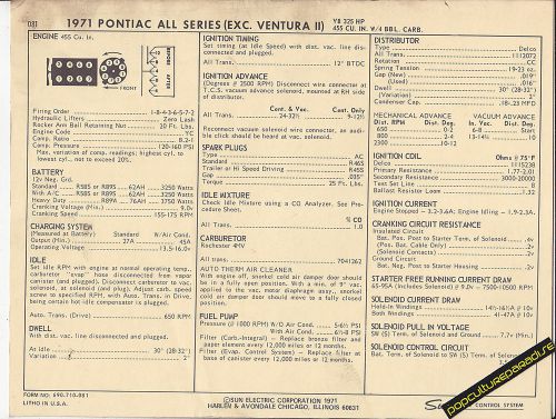 1971 pontiac all series (gto+) 455 ci / 325 hp v8 car sun electronic spec sheet