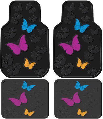 Front & rear rubber floor mats - car truck suv - charming butterflies w/ flowers