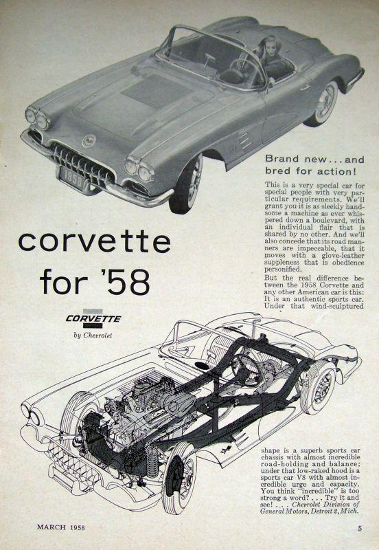 Original 1958 chevy corvette convertible sports car original ad