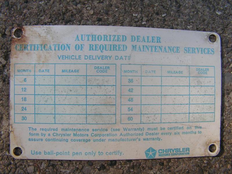 =1960's 1966/1967 dodge charger glove box service tag/dealer/maintenanace/mopar=