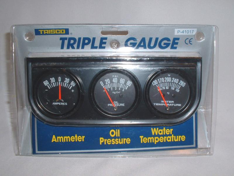 New trisco triple gauge set ~ ammeter ~ oil pressure ~ water temperature ~ nib
