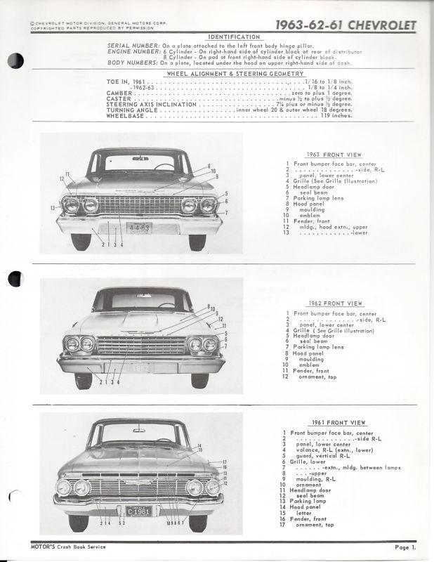 1961 1962 1963 chevrolet motor's crash book illustrations bel air impala + wagon