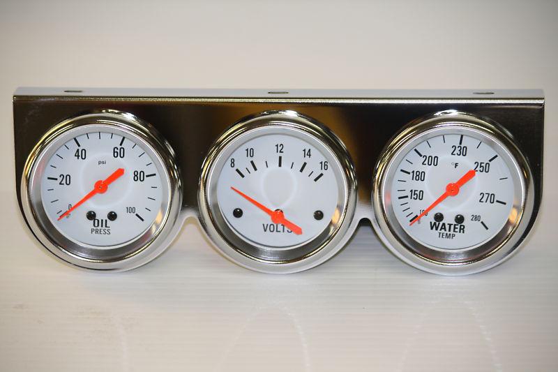Chrome white face 2-5/8" triple gauge set oil pressure water temp volt meter 3