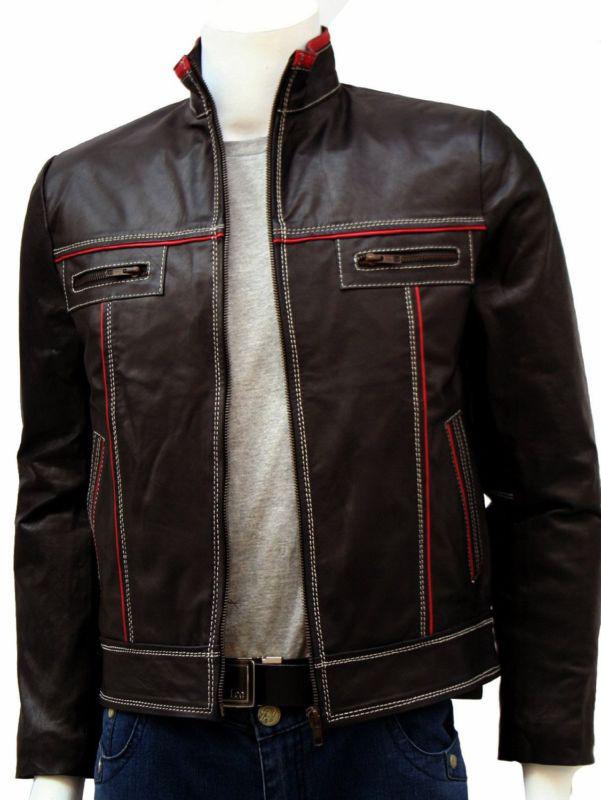 Men red stripe jacket motorcycle leather jacket casual rider biker jacket s_m_l
