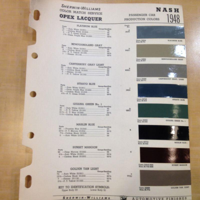 1948 nash sherwin -williams paint color chip chart~car~mixing guide
