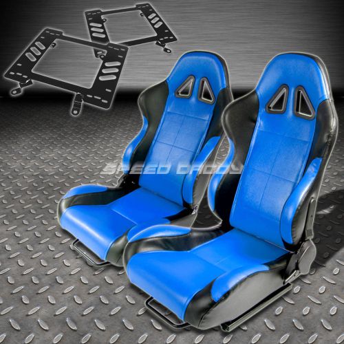 Pair type-5 reclining black blue woven racing seat+bracket for 79-98 mustang