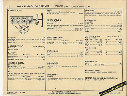1973 plymouth cricket 4 cylinder ohv 1500cc engine car sun electronic spec sheet
