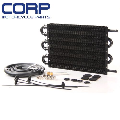 At/mt radiator remote aluminum black transmission oil cooler +hose/mounting kit