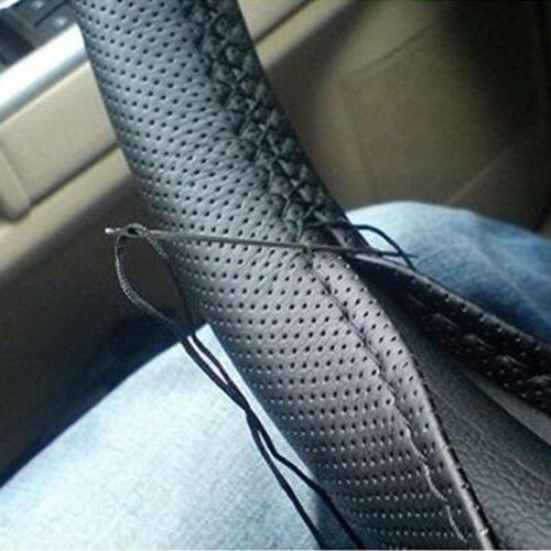 2016 new black diy pu leather steering wheel cover &amp; needle thread adapt to 38cm
