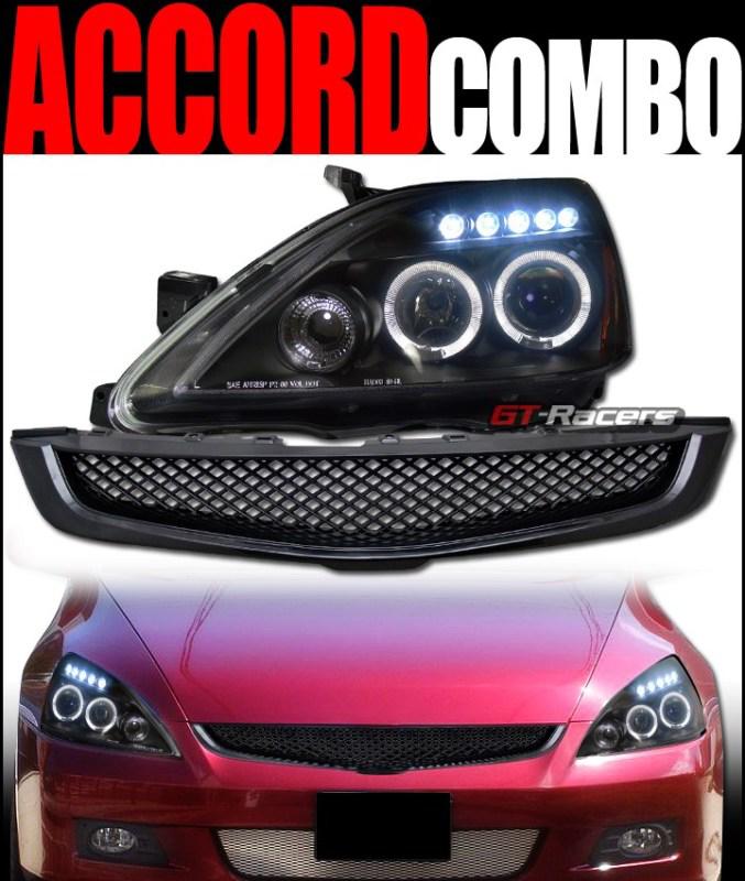 Blk halo led projector head light+front grill grille abs 2003-2005 accord 4d/4dr