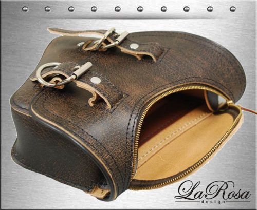 La rosa rustic brown leather zipper open harley softail chopper left saddlebag