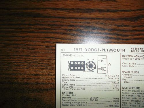 1971 dodge plymouth eight series 385hp 440 ci v8 special sixpack tune up chart