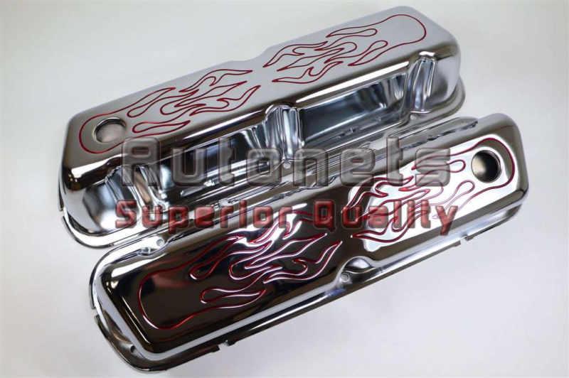 Red flmaes chrome steel small block ford valve covers 260-289-302-351w mustang