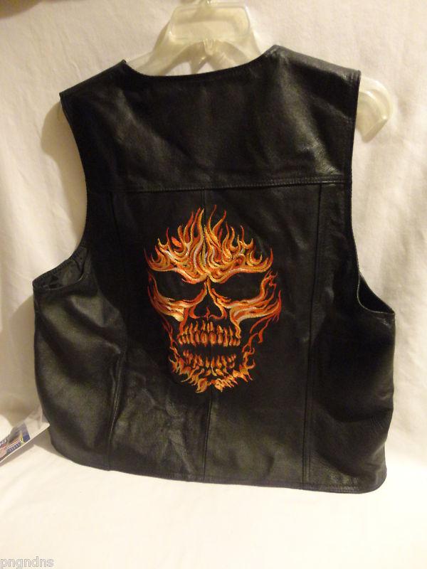Leather usa 3xl red flaming skull embroidered leather vest