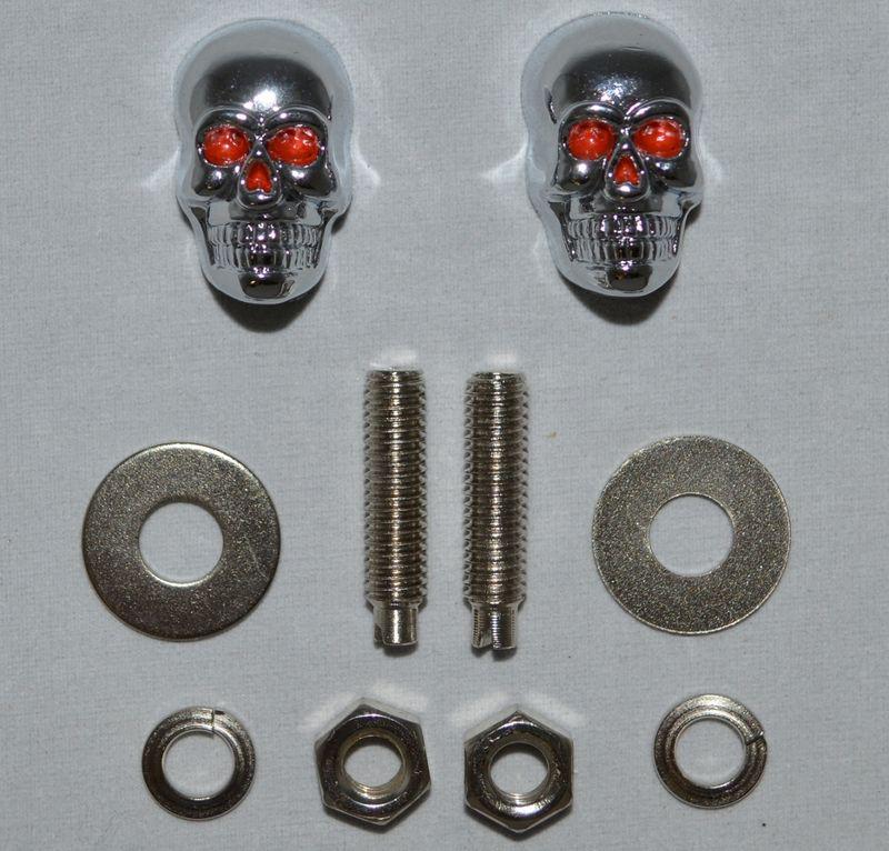 2 chrome "skull" motorcycle license plate frame bolts - lic tag fastener screws