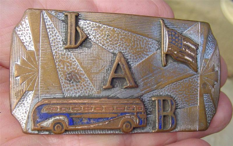 Vintage harley davidson ? belt buckle featuring a bus/us flag/ iab/nr