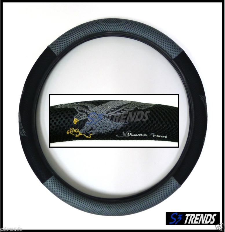 Eagle steering wheel cover grey gray black mesh stitch detailing 